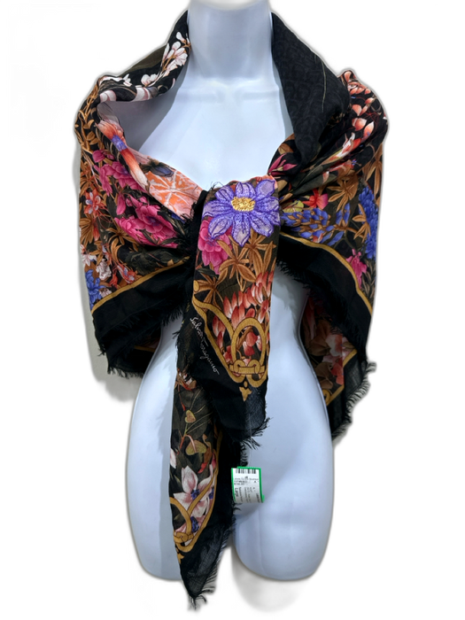 Salvatore Ferragamo Black & Multi Floral Embroidered Frayed Hem Square scarf Black & Multi / Large