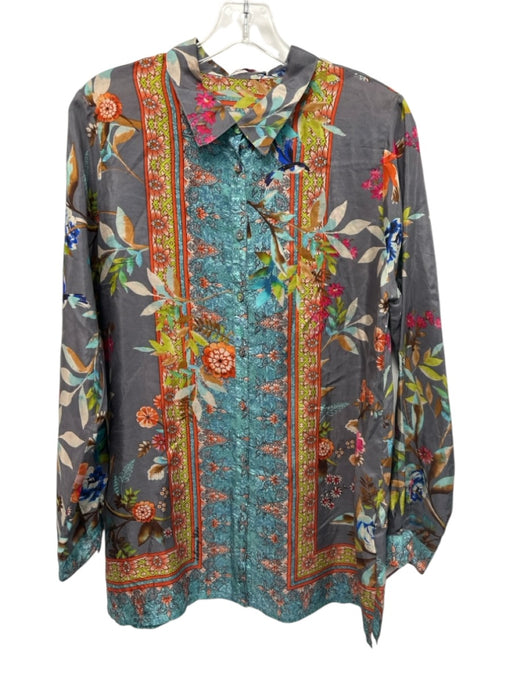 Johnny Was Size S Gray & multi Silk Long Sleeve Floral Collar Button up Top Gray & multi / S
