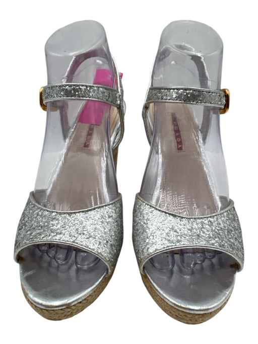 Prada Shoe Size 38.5 Silver & Beige Cork Raffia Glitter Ankle Strap Wedges Silver & Beige / 38.5