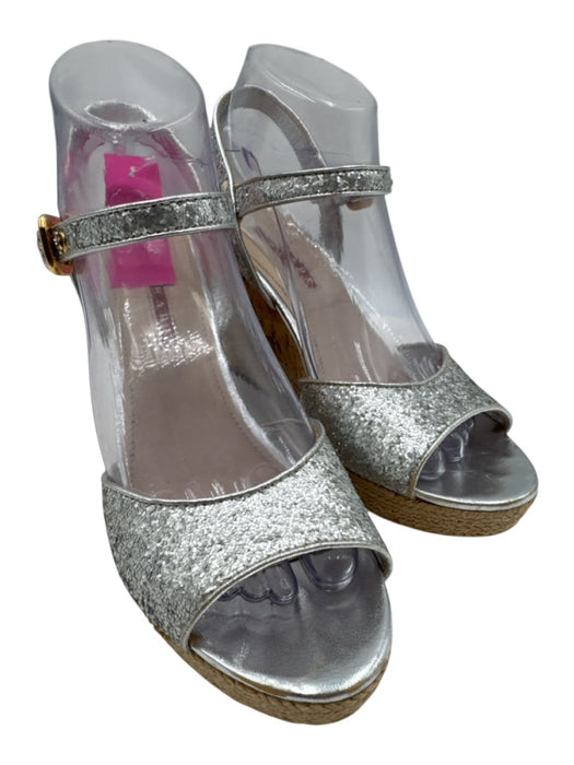 Prada Shoe Size 38.5 Silver & Beige Cork Raffia Glitter Ankle Strap Wedges Silver & Beige / 38.5
