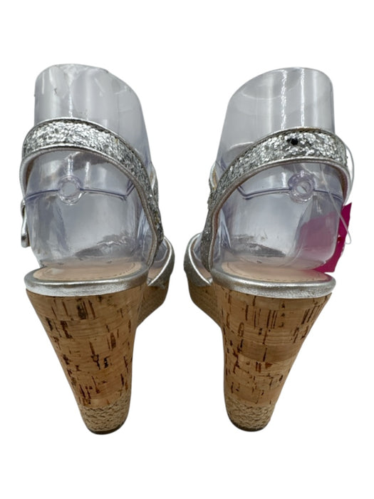 Prada Shoe Size 38.5 Silver & Beige Cork Raffia Glitter Ankle Strap Wedges Silver & Beige / 38.5