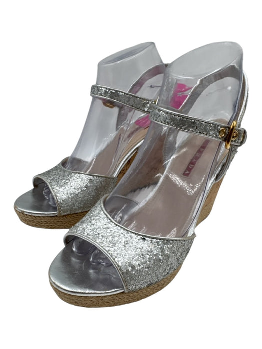 Prada Shoe Size 38.5 Silver & Beige Cork Raffia Glitter Ankle Strap Wedges Silver & Beige / 38.5