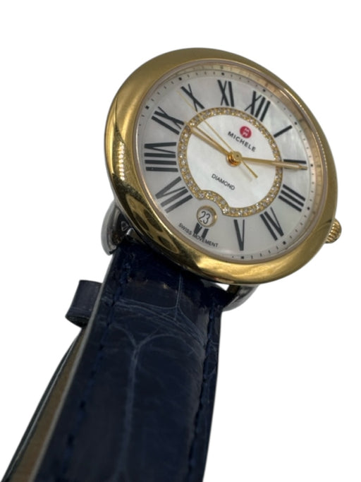 Michele Gold, White, Navy Blue Stainless steel Alligator Diamonds Watches Gold, White, Navy Blue