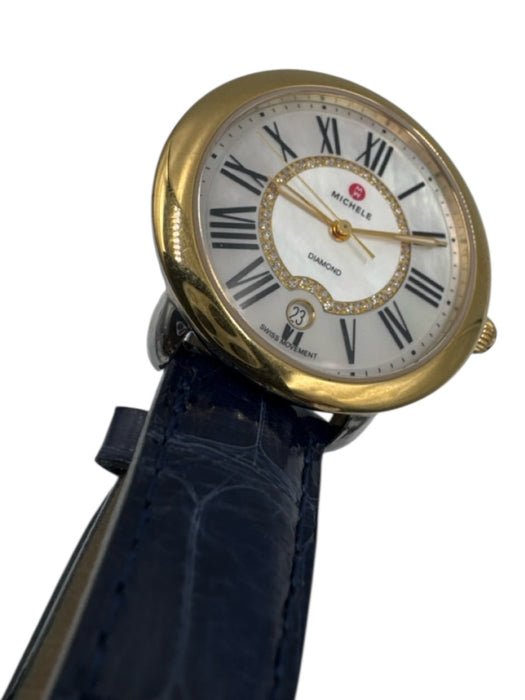 Michele Gold, White, Navy Blue Stainless steel Alligator Diamonds Watches Gold, White, Navy Blue