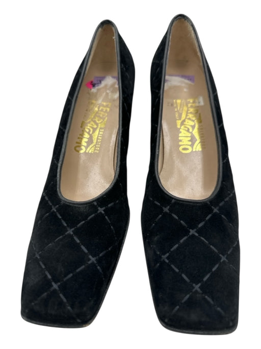 Salvatore Ferragamo Shoe Size 8.5 Black Leather & Suede Quilted Square Toe Pumps Black / 8.5