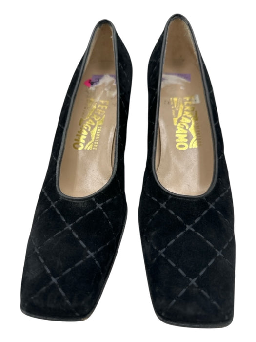 Salvatore Ferragamo Shoe Size 8.5 Black Leather & Suede Quilted Square Toe Pumps Black / 8.5