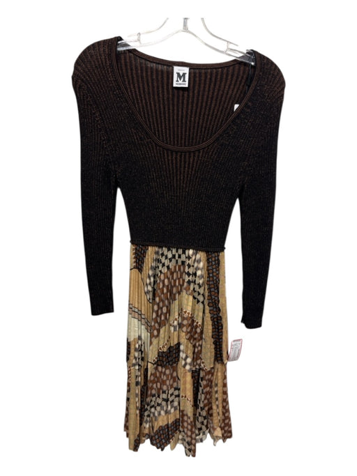 M Missoni Size 8 brown & tan print Wool Blend Ribbed Detail Abstract Print Dress brown & tan print / 8