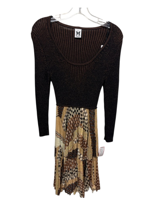 M Missoni Size 8 brown & tan print Wool Blend Ribbed Detail Abstract Print Dress brown & tan print / 8