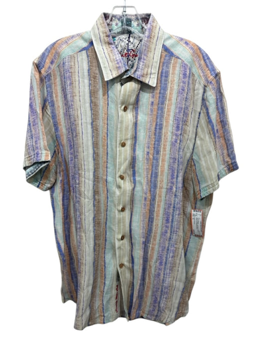 Robert Graham Size XL Blue & Orange Linen Blend Striped Button Up Short Sleeve Blue & Orange / XL