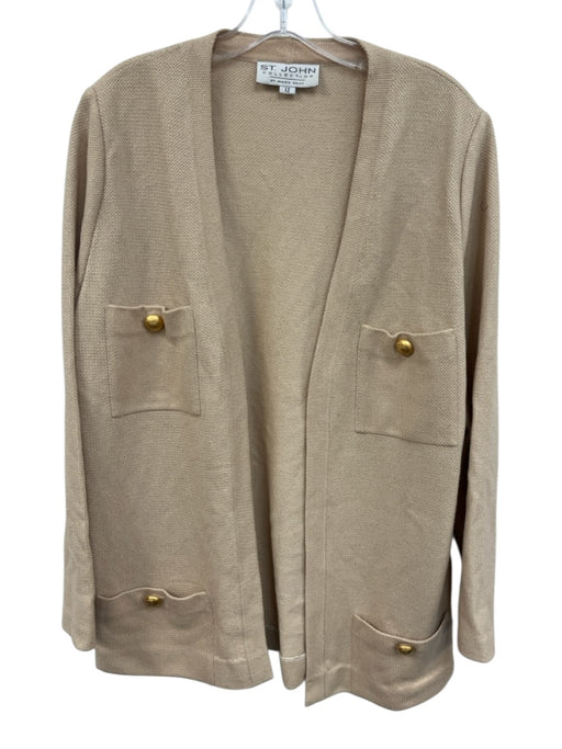 St. John Evening Size 12 Beige & Gold Knit Metallic Thread Pockets Jacket Beige & Gold / 12