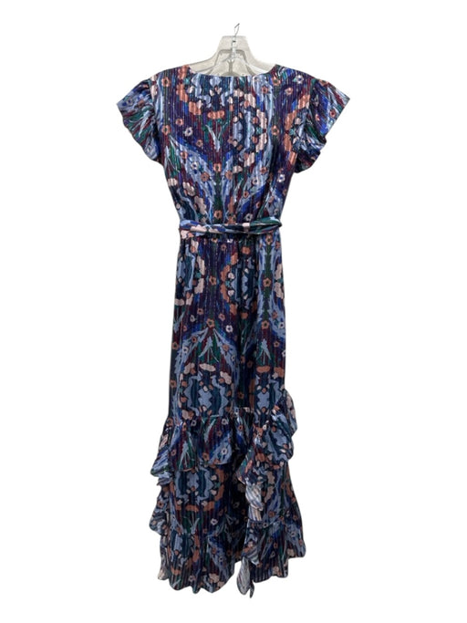 Marie Oliver Size S Blue & Multi Silk Floral Ruffle Cap Sleeve Tiered Dress Blue & Multi / S