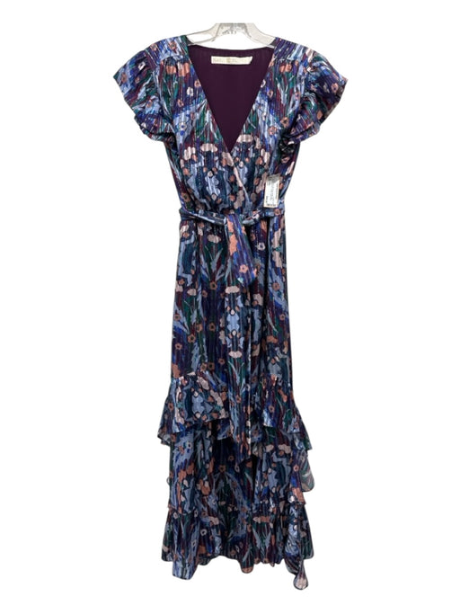 Marie Oliver Size S Blue & Multi Silk Floral Ruffle Cap Sleeve Tiered Dress Blue & Multi / S