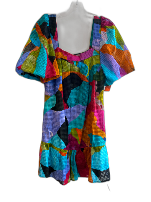 Marie Oliver Size XS Multi Linen & Viscose Puff Sleeves Square Neck Dress Multi / XS