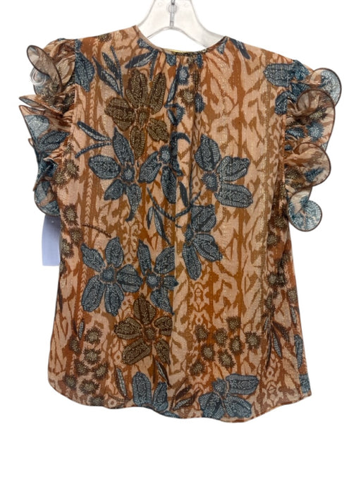 Marie Oliver Size S Brown Beige & Blue No Fabric Tag Metallic Thread Floral Top Brown Beige & Blue / S