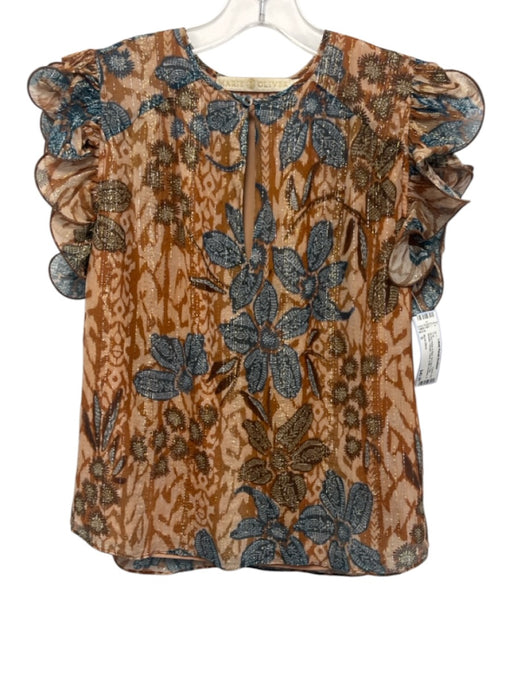 Marie Oliver Size S Brown Beige & Blue No Fabric Tag Metallic Thread Floral Top Brown Beige & Blue / S