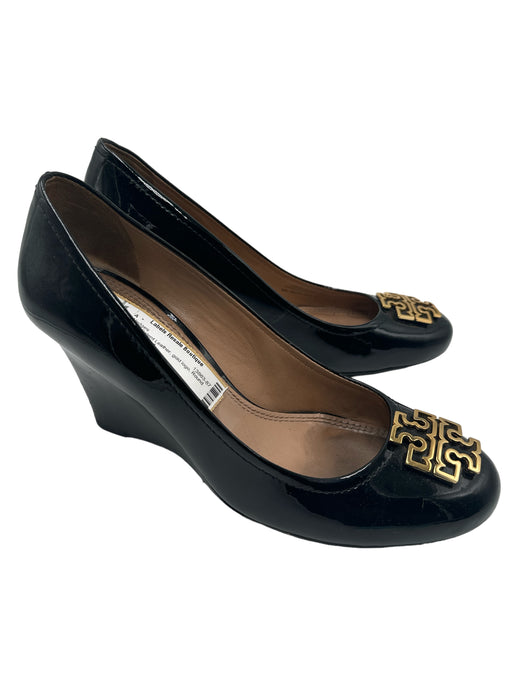 Tory Burch Shoe Size 9 Black Patent Leather gold logo Round Toe Wedges Black / 9