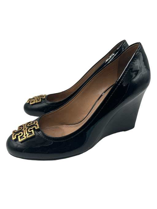 Tory Burch Shoe Size 9 Black Patent Leather gold logo Round Toe Wedges Black / 9