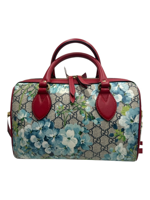 Gucci Beige Red Blue Coated Canvas Guccisima Floral Double Top Handle Bag Beige Red Blue / S