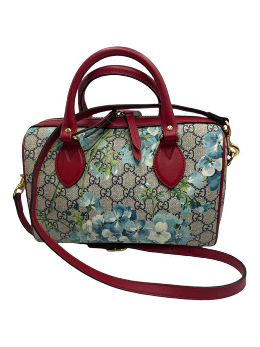 Gucci Beige Red Blue Coated Canvas Guccisima Floral Double Top Handle Bag Beige Red Blue / S