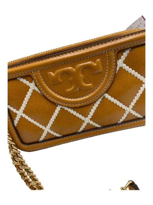 Tory Burch Camel Brown & White Leather Lattice Top Zip Crossbody Bag Camel Brown & White / XS