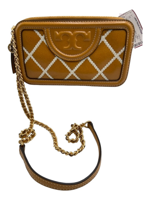 Tory Burch Camel Brown & White Leather Lattice Top Zip Crossbody Bag Camel Brown & White / XS