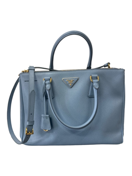 Prada Sky Blue Saffiano Leather Double Top Handle Crossbody Strap Logo Labels Resale Boutique