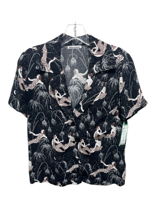 Reformation Size XS Black, Cream & Brown Print Rayon Blend Short Sleeve Top Black, Cream & Brown Print / XS