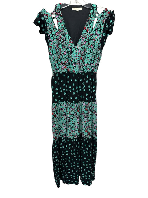 Maje Size 1 Seafoam Green & Multi Viscose Cap Sleeve Floral Color Block Dress Seafoam Green & Multi / 1