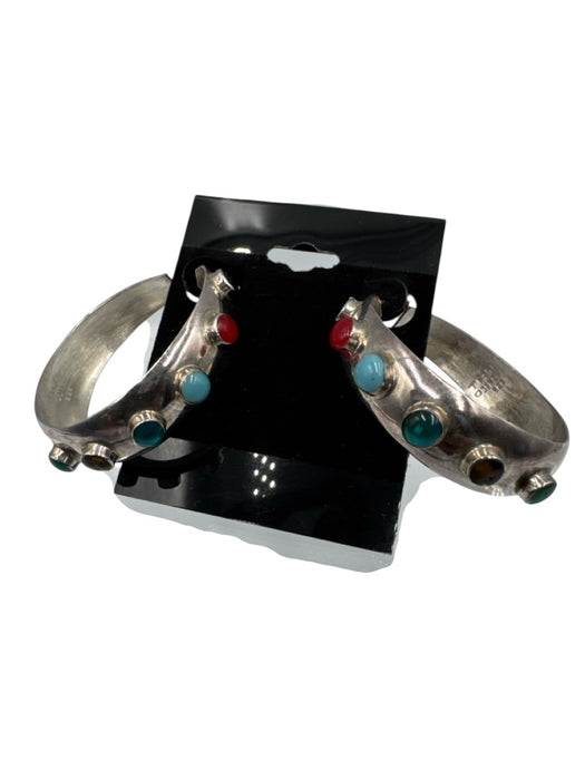 Silver & Multi Sterling Silver Glass Circles Post Back Open Hoop Earrings Silver & Multi