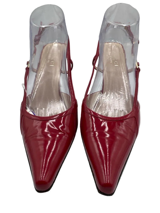 Gucci Shoe Size 40C Red Patent Leather Pointed Toe Gold Hardware Slingback Pumps