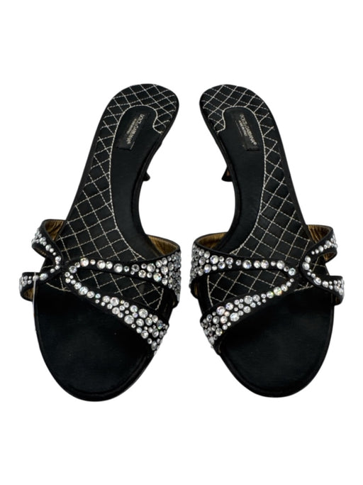 Dolce & Gabbana Shoe Size 40 Black Leather Satin Embellished Kitten Heel Sandals Black / 40