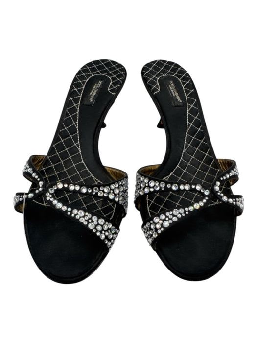 Dolce & Gabbana Shoe Size 40 Black Leather Satin Embellished Kitten Heel Sandals Black / 40