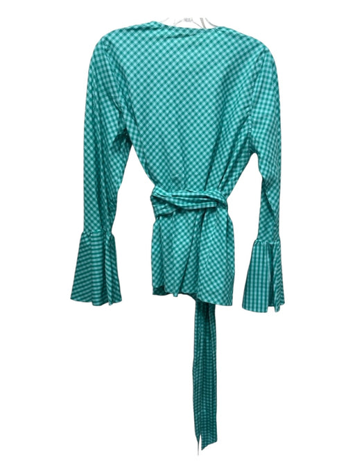 Ann Mashburn Size L Blue & Green Cotton Blend Gingham Wrap Long Bell Sleeves Top Blue & Green / L