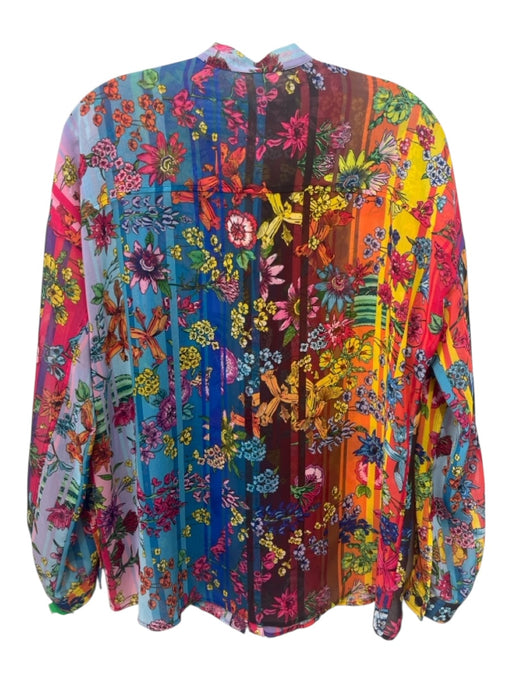 Golden Goose Size L Blue & Pink Polyester Floral Stripe Long Sleeve Tie Neck Top Blue & Pink / L