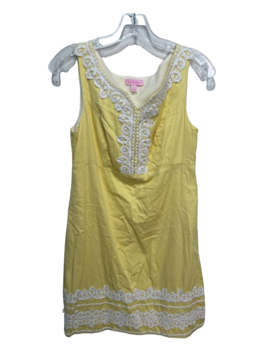 Lilly Pulitzer Size 4 Yellow & White Cotton Crochet Trim V Neck Sleeveless Dress Yellow & White / 4