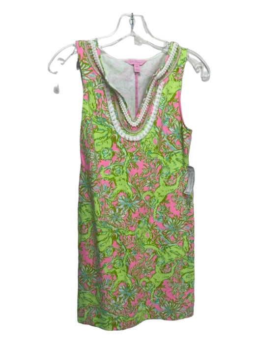 Lilly Pulitzer Size XXS Green & Pink Cotton Sleeveless V Neck Abstract Dress Green & Pink / XXS