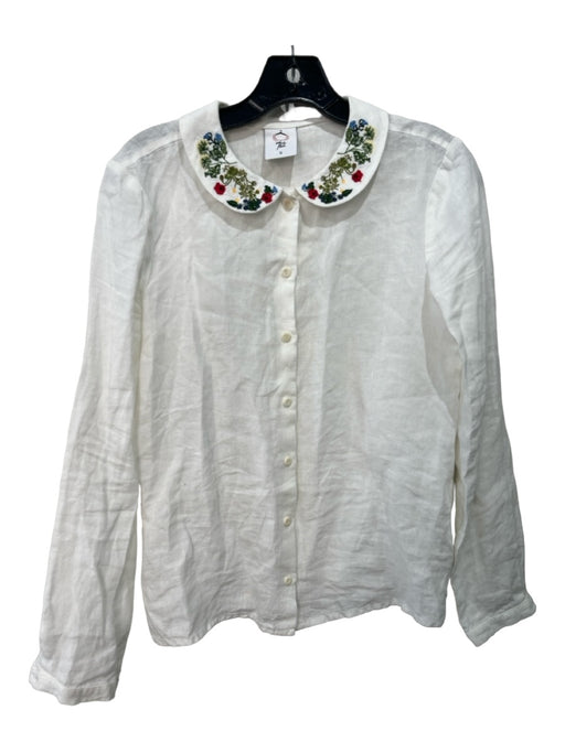 Son de Flor Size S White & Multi Linen Button Down Floral Collar Long Sleeve Top White & Multi / S