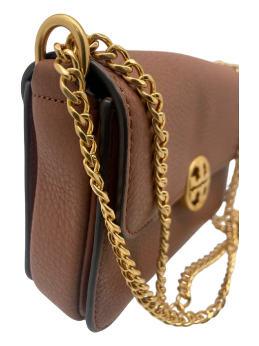 Tory Burch Brown Grained Leather Flap Gold Logo Crossbody Chain Bag Brown / Small