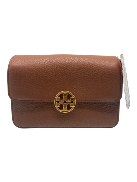 Tory Burch Brown Grained Leather Flap Gold Logo Crossbody Chain Bag Brown / Small