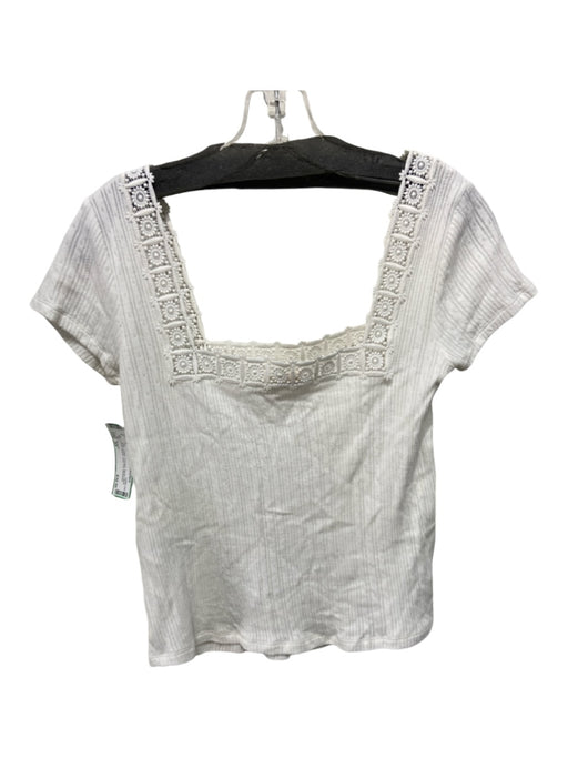 Sezane Size XS White Cotton Pointelle Square Neck Short Sleeve Lace Trim Top White / XS