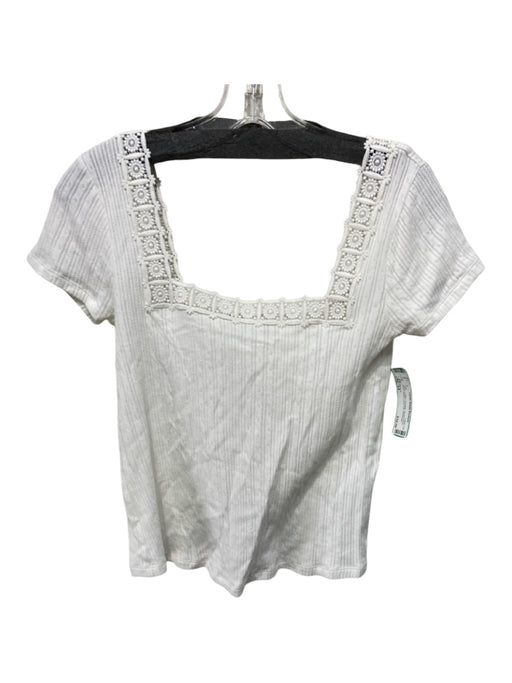 Sezane Size XS White Cotton Pointelle Square Neck Short Sleeve Lace Trim Top White / XS