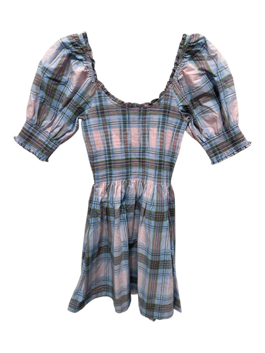Hill House Size XXS Baby Blue & Pink Print Cotton Short Puff Sleeve Plaid Dress Baby Blue & Pink Print / XXS