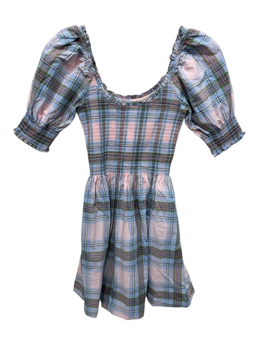 Hill House Size XXS Baby Blue & Pink Print Cotton Short Puff Sleeve Plaid Dress Baby Blue & Pink Print / XXS