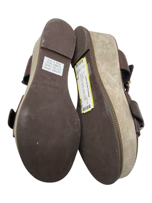 Now Shoe Size 38 Dark Brown & Gray Leather Brass Hardware Platform Wedge Sandals Dark Brown & Gray / 38