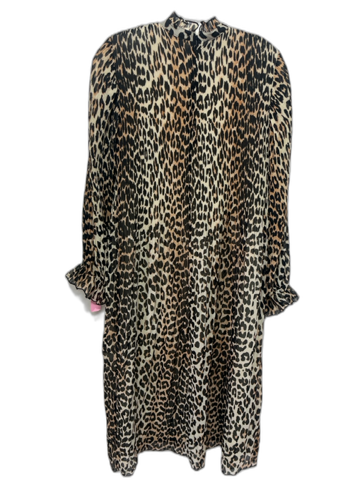 Ganni Size 32 Black, Tan, Beige Polyester Long Sleeve Leopard Pleated Dress Black, Tan, Beige / 32