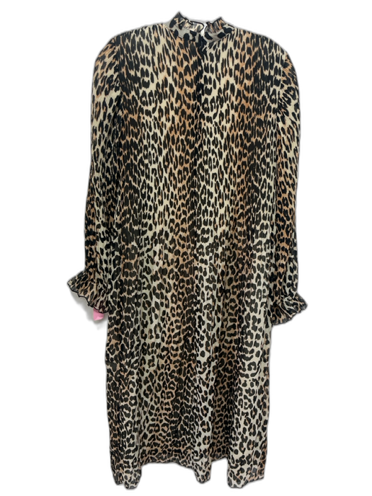 Ganni Size 32 Black, Tan, Beige Polyester Long Sleeve Leopard Pleated Dress Black, Tan, Beige / 32
