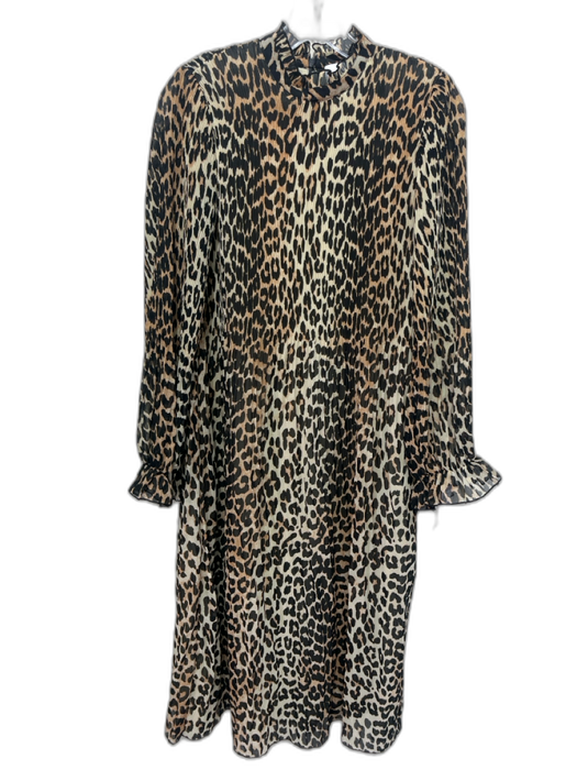 Ganni Size 32 Black, Tan, Beige Polyester Long Sleeve Leopard Pleated Dress Black, Tan, Beige / 32