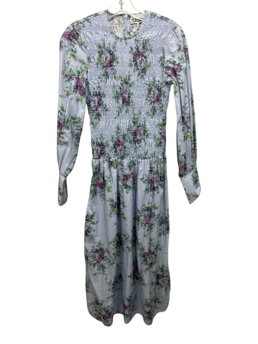 Ganni Size 32 Blue, Green, Multi Cotton floral print smocked Long Sleeve Dress Blue, Green, Multi / 32