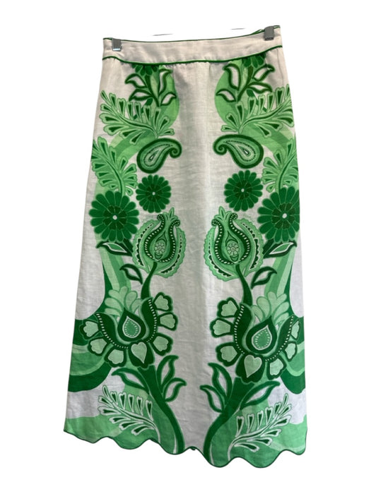 Farm Rio Size XS Green & White Linen Short Sleeve Floral Print Midi Skirt Set Green & White / XS