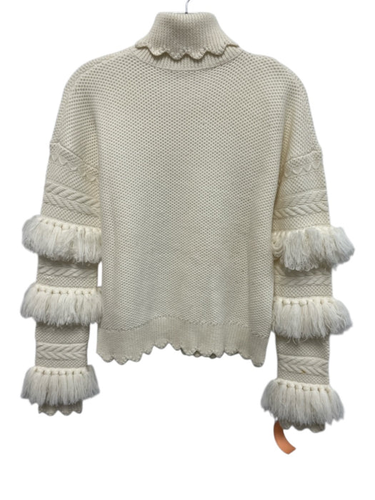 Jonathan Simkhai Size S Cream White Wool Fringe Turtleneck Knit Sweater Cream White / S